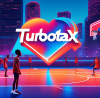 Digital artwork of a giant TurboTax logo transforming into a basketball court in the heart of Atlanta, with diverse young athletes playing under the glow of neon lights and skyscrapers in the backgrou