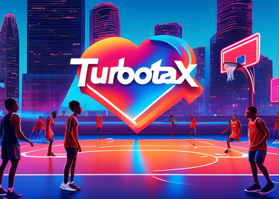 Digital artwork of a giant TurboTax logo transforming into a basketball court in the heart of Atlanta, with diverse young athletes playing under the glow of neon lights and skyscrapers in the backgrou