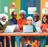 An illustration of a diverse group of people of different ages and ethnicities sitting together at a large table, each working on laptops and tablets, exploring the My Free Taxes website and filing their tax returns with a friendly expert providing guidance.