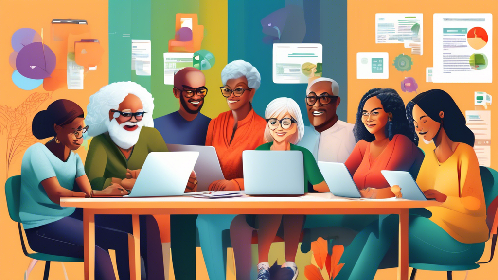 An illustration of a diverse group of people of different ages and ethnicities sitting together at a large table, each working on laptops and tablets, exploring the My Free Taxes website and filing their tax returns with a friendly expert providing guidance.