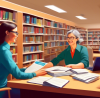 A person sitting at a desk in a bright and inviting public library, being assisted by a friendly IRS volunteer advisor, with shelves of tax guidebooks in the background and a computer screen displaying IRS resources open. The atmosphere is calm and educational.