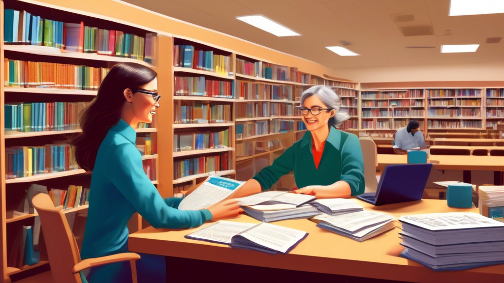 A person sitting at a desk in a bright and inviting public library, being assisted by a friendly IRS volunteer advisor, with shelves of tax guidebooks in the background and a computer screen displaying IRS resources open. The atmosphere is calm and educational.