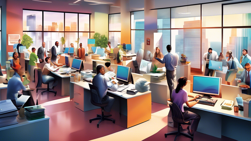 Digital illustration of a bustling, modern tax service office with diverse professionals assisting clients, featuring computers, documents, and a welcoming atmosphere, encapsulated in a lively urban setting.