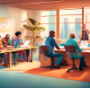 An illustration of a cozy, inviting accountant's office with a friendly, diverse group of volunteers helping people from various backgrounds with their tax forms, in a bright and modern setting.