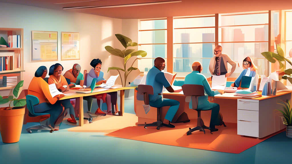 An illustration of a cozy, inviting accountant's office with a friendly, diverse group of volunteers helping people from various backgrounds with their tax forms, in a bright and modern setting.