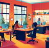 An artistic representation of a cozy, inviting small business tax preparation office, with diverse professionals sitting at modern desks surrounded by tax forms, calculators, and laptops, helping small business owners who are from various ethnic backgrounds. The scene conveys a sense of efficiency, trust, and personalized service, captured in a vibrant, bustling yet organized office environment.