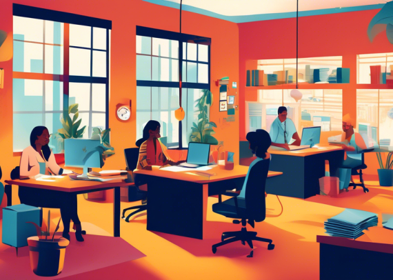 An artistic representation of a cozy, inviting small business tax preparation office, with diverse professionals sitting at modern desks surrounded by tax forms, calculators, and laptops, helping small business owners who are from various ethnic backgrounds. The scene conveys a sense of efficiency, trust, and personalized service, captured in a vibrant, bustling yet organized office environment.