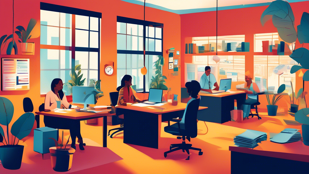 An artistic representation of a cozy, inviting small business tax preparation office, with diverse professionals sitting at modern desks surrounded by tax forms, calculators, and laptops, helping small business owners who are from various ethnic backgrounds. The scene conveys a sense of efficiency, trust, and personalized service, captured in a vibrant, bustling yet organized office environment.