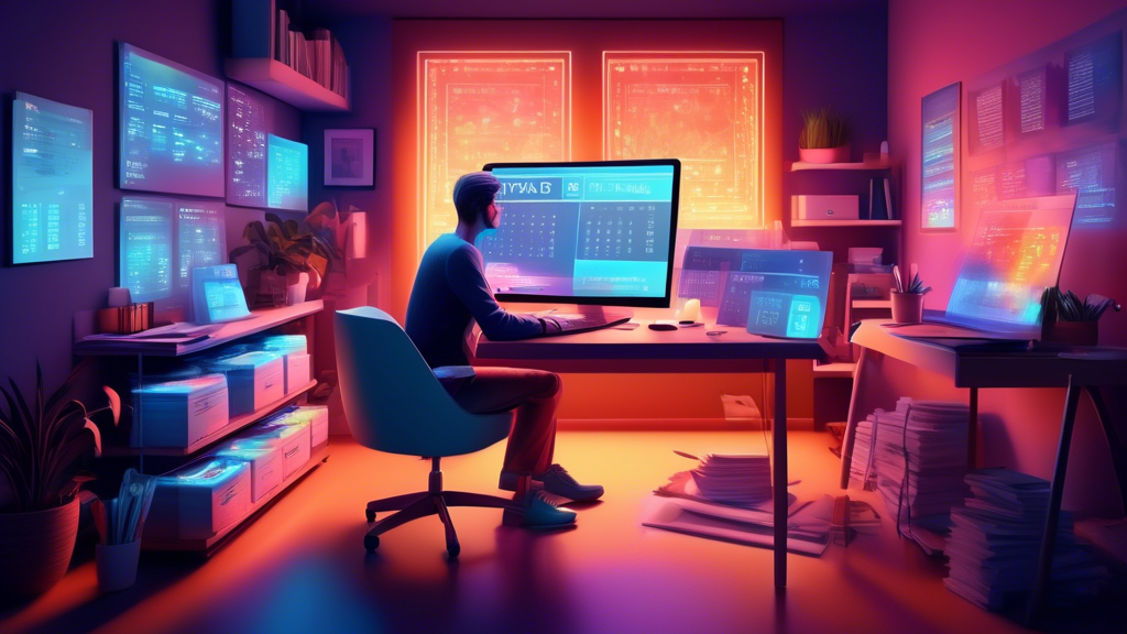 Digital illustration of a person sitting at a modern desk in a cozy home office, surrounded by glowing screens displaying various tax filing websites, with a calendar marked 2023 in the background.