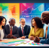 Digital artwork of a diverse group of people, including a young Asian woman, an elderly Black man, and a Hispanic businessman, gathered around a modern, sleek office table looking at a large, luminous screen displaying colorful graphs and dollar signs, symbolizing strategic financial planning and tax services.