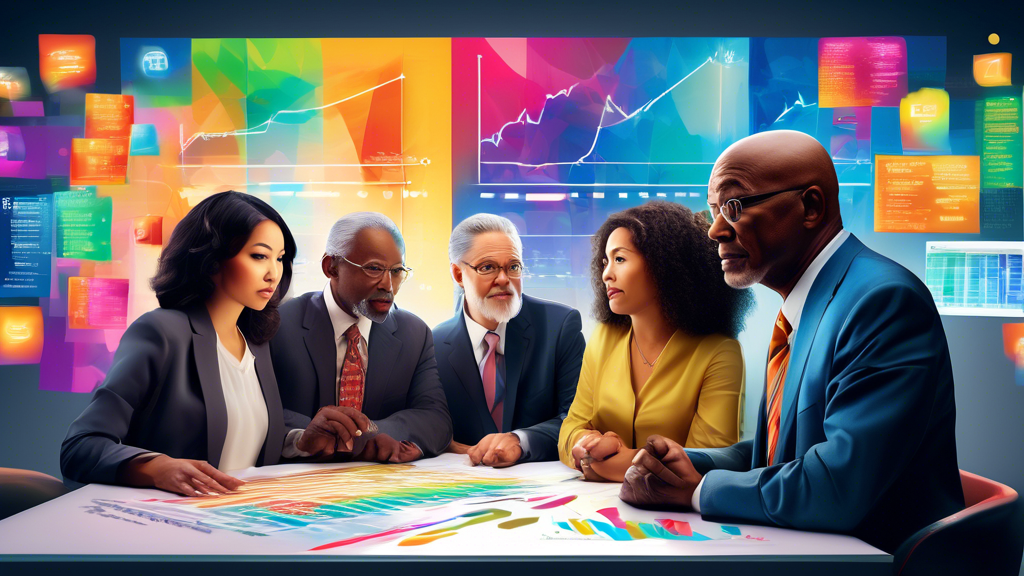 Digital artwork of a diverse group of people, including a young Asian woman, an elderly Black man, and a Hispanic businessman, gathered around a modern, sleek office table looking at a large, luminous screen displaying colorful graphs and dollar signs, symbolizing strategic financial planning and tax services.