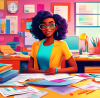 An animated illustration of a young woman sitting at a desk surrounded by colorful, oversized tax forms, calculators, and a helpful cartoon accountant character, in a bright, inviting home office setting.