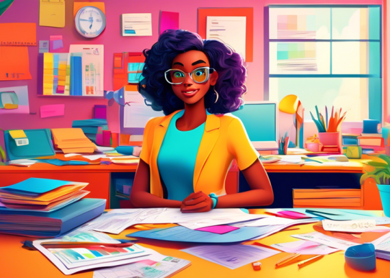 An animated illustration of a young woman sitting at a desk surrounded by colorful, oversized tax forms, calculators, and a helpful cartoon accountant character, in a bright, inviting home office setting.