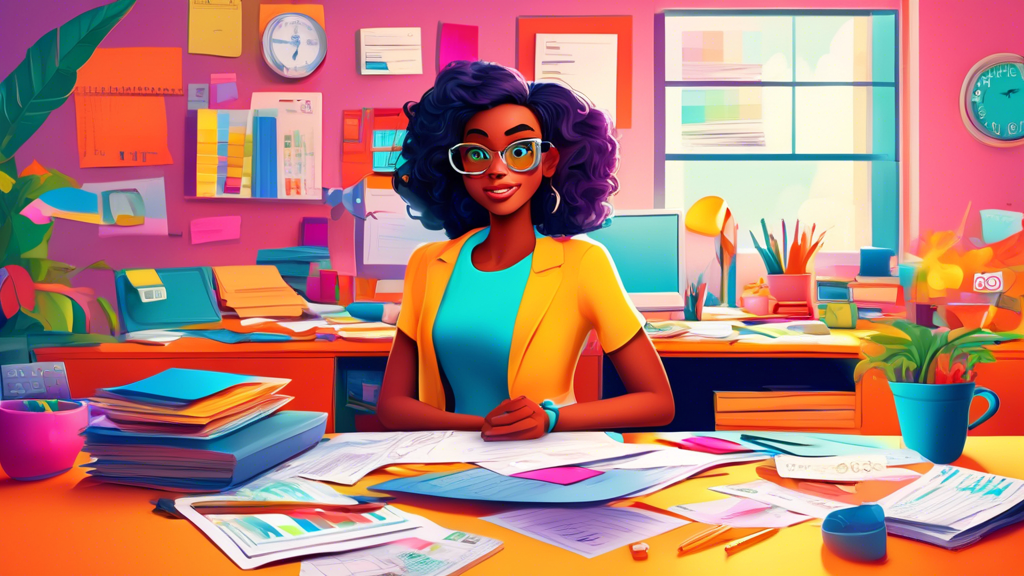 An animated illustration of a young woman sitting at a desk surrounded by colorful, oversized tax forms, calculators, and a helpful cartoon accountant character, in a bright, inviting home office setting.