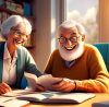 An elderly couple consulting with a friendly tax advisor in a cozy, sunlit office, surrounded by books and digital devices, displaying smiles of relief and understanding.