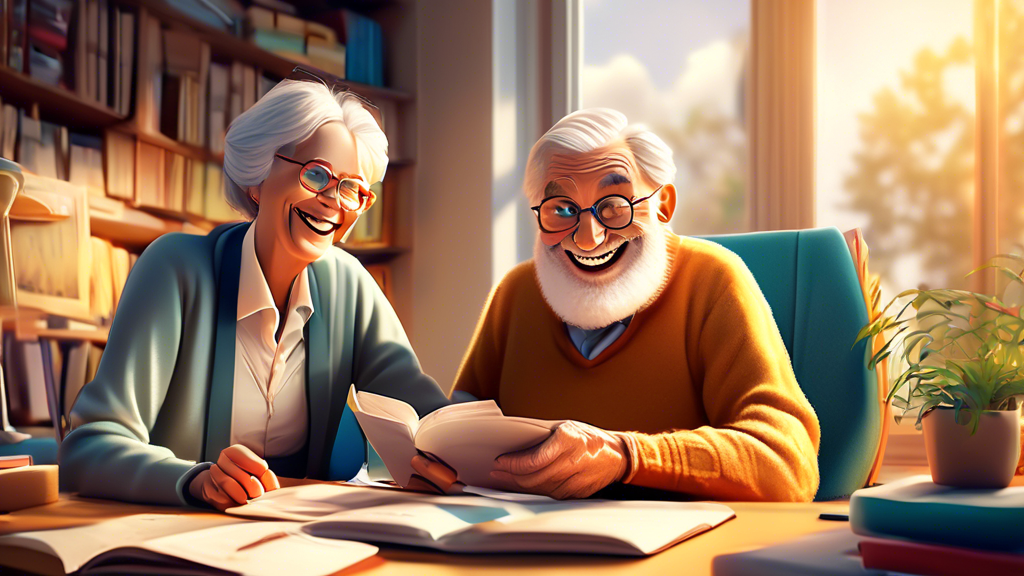 An elderly couple consulting with a friendly tax advisor in a cozy, sunlit office, surrounded by books and digital devices, displaying smiles of relief and understanding.