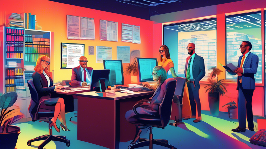 An illustration of a friendly, diverse group of professional tax advisors in a modern office, each assisting clients from various demographics, with visible computers showing tax software, piles of tax forms, calculators, and a neon sign in the background saying 'Best Income Tax Services'.