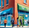 Digital illustration of a modern, bustling street scene with diverse people entering and leaving various tax service storefronts, each storefront uniquely designed to reflect a different style of accounting service, under a bright blue sky with clouds shaped like dollar signs and calculators.