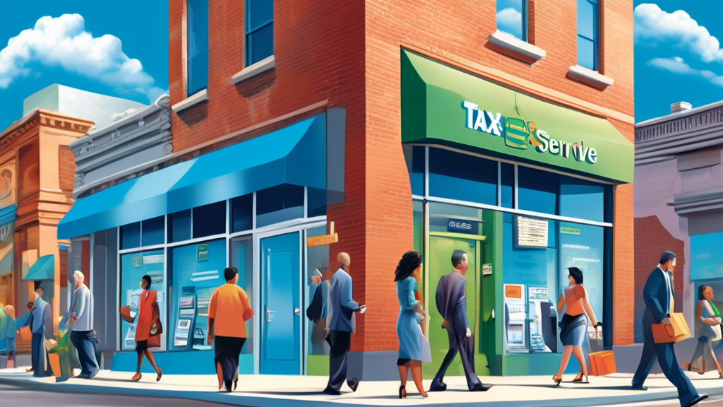 Digital illustration of a modern, bustling street scene with diverse people entering and leaving various tax service storefronts, each storefront uniquely designed to reflect a different style of accounting service, under a bright blue sky with clouds shaped like dollar signs and calculators.