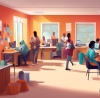 Digital artwork of a cozy and inviting tax preparation office, with volunteer workers assisting diverse groups of people on their laptops. Include posters on the walls showing tips for tax savings and free tax assistance programs.