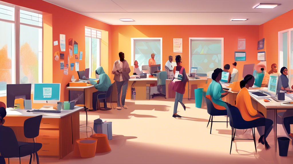 Digital artwork of a cozy and inviting tax preparation office, with volunteer workers assisting diverse groups of people on their laptops. Include posters on the walls showing tips for tax savings and free tax assistance programs.