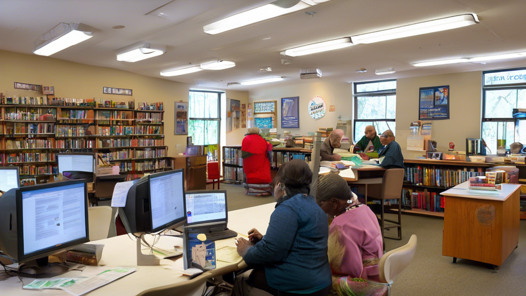 A cozy public library setting where diverse individuals, including elderly people and young adults from various ethnic backgrounds, sit at tables receiving assistance from friendly, professional tax advisors. The room is equipped with computers, tax forms, and informational posters on the walls explaining free tax services. There is a visible sign in the forefront saying, Free Income Tax Help Here! Bright and welcoming atmosphere.