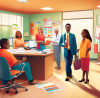 An illustration of a friendly, welcoming Jackson Hewitt tax preparation office with diverse staff helping clients of various backgrounds and ages, visibly displaying charts and guides for understanding taxes easily, set in a bright, organized interior.