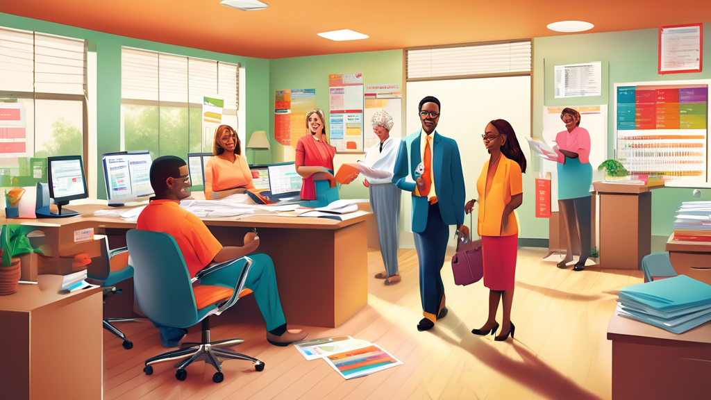 An illustration of a friendly, welcoming Jackson Hewitt tax preparation office with diverse staff helping clients of various backgrounds and ages, visibly displaying charts and guides for understanding taxes easily, set in a bright, organized interior.