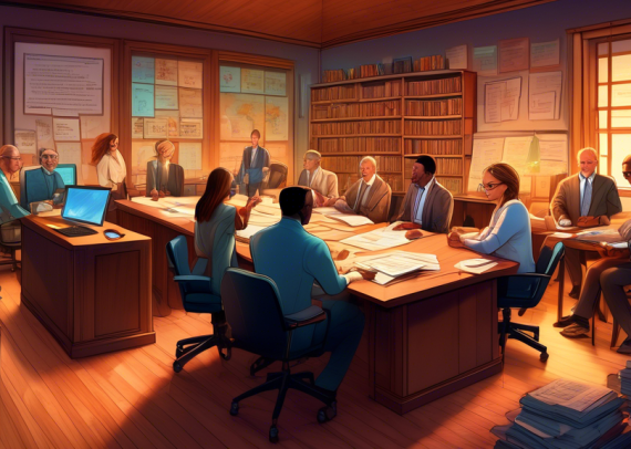 An intricately detailed office setting with a diverse group of business owners gathered around a large wooden table, intently discussing documents and digital displays showing S Corp tax filing information. The room is filled with books, tax forms, and computers, subtly illuminated by soft, warm lighting, conveying a sense of focused collaboration and expertise.