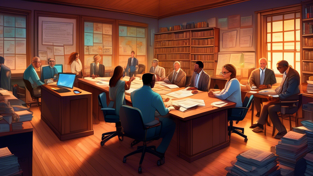 An intricately detailed office setting with a diverse group of business owners gathered around a large wooden table, intently discussing documents and digital displays showing S Corp tax filing information. The room is filled with books, tax forms, and computers, subtly illuminated by soft, warm lighting, conveying a sense of focused collaboration and expertise.