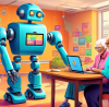 Digital art of a helpful robot assisting an elderly man and a young woman with low income, using a laptop to navigate a virtual map showing locations of free tax filing services in a colorful, friendly community center setting.