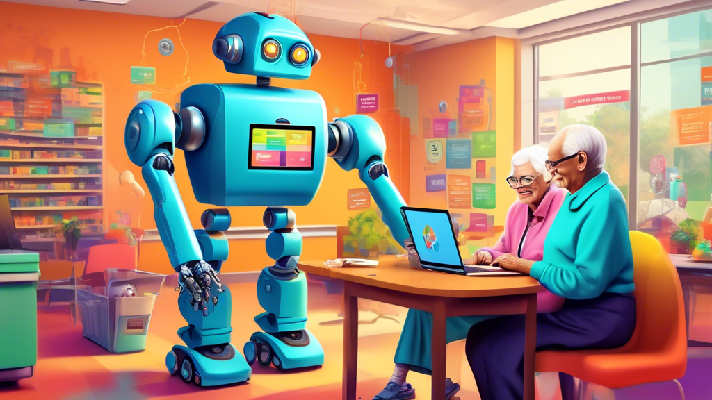 Digital art of a helpful robot assisting an elderly man and a young woman with low income, using a laptop to navigate a virtual map showing locations of free tax filing services in a colorful, friendly community center setting.